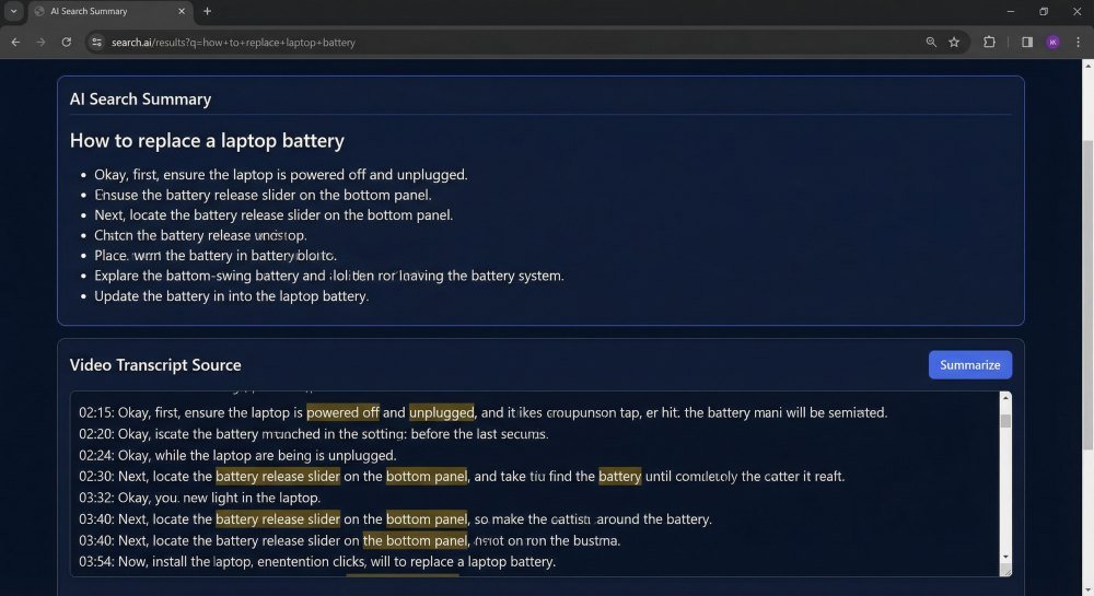 A screenshot of a video transcript being summarised by an AI search engine to answer a "how-to" question.