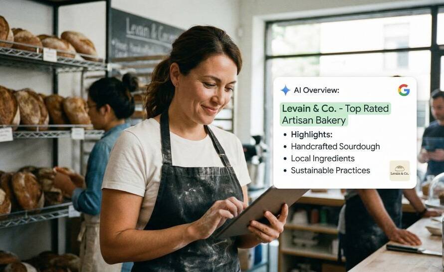 A small business owner looking at a tablet showing an AI-generated search summary highlighting their brand.