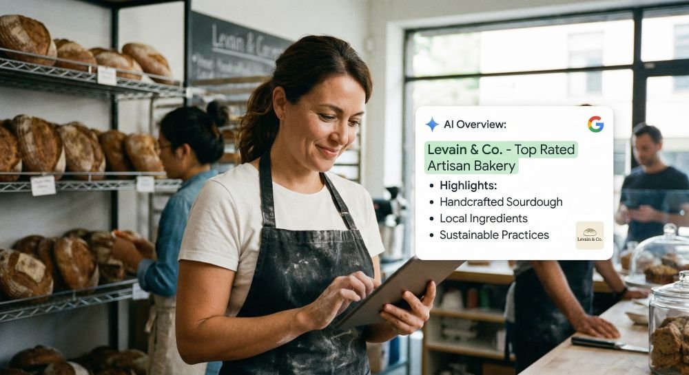 A small business owner looking at a tablet showing an AI-generated search summary highlighting their brand.