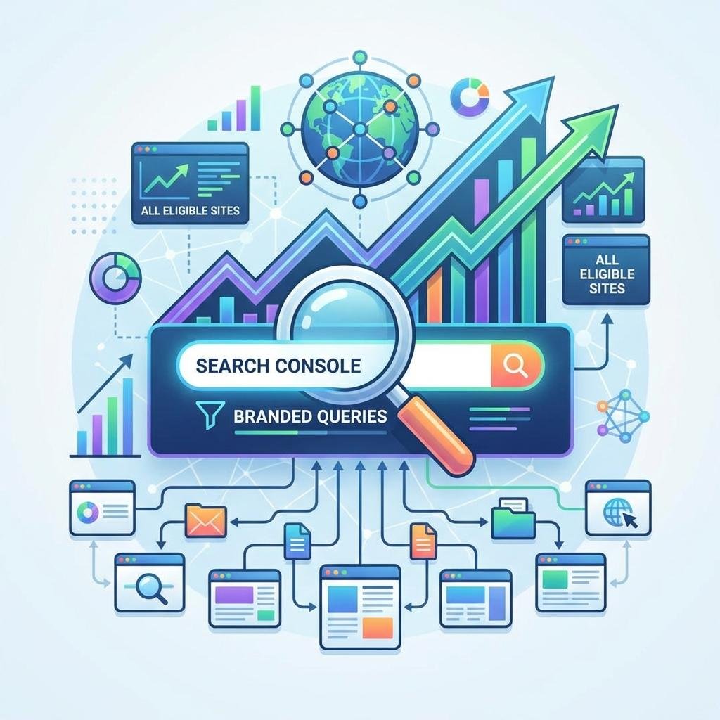 Google Search Console dashboard displaying organic search performance and branded queries for SEO